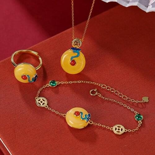 S925 sterling silver gold-plated cloisonne natural amber retro auspicious cloud peace buckle ring earrings pendant