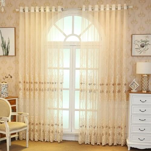Luxury Embroidery Tulle Curtain for Living Room Cheap Sheer Voile Fabric Golden Lace Bottom Bay Window Cortina Tende