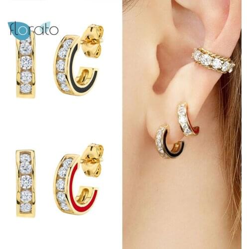 925 Silver Ear Needle Big Circle C Shape Stud Earrings European and American Black Red Color Luxury Crystal Fine Jewelry Earring