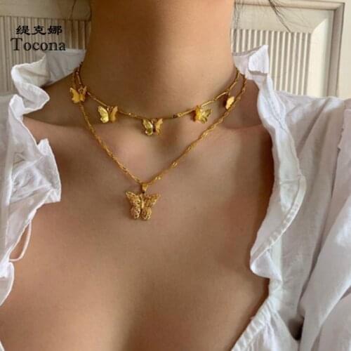 Tocona Elegance Pretty Butterfly Pendant Neckalce for Women Charming Multilayer Gold Chain Party Wedding Jewelry Gift 9627