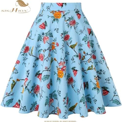 SISHION Cotton Women Skirt 2021 New VD0020 Plus Size Birds Floral Print Light Blue Black Red Skater Vintage Swing A Line Skirt