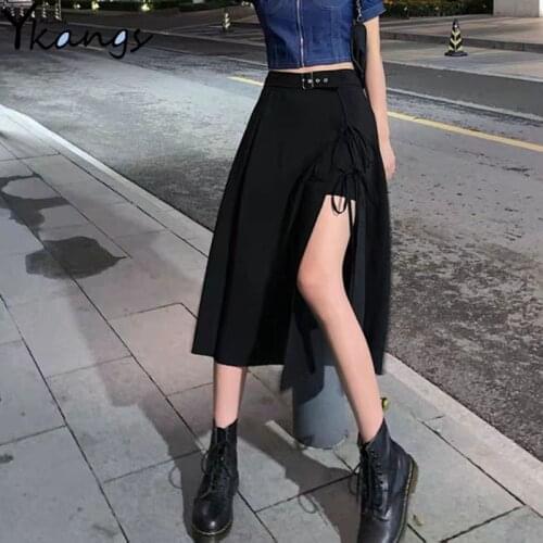 Belt High Waist Black Sexy Skirts Women Summer Lace Up Irregular Saia 2021 New Vintage Harajuku Punk For girls Long Skirt shorts