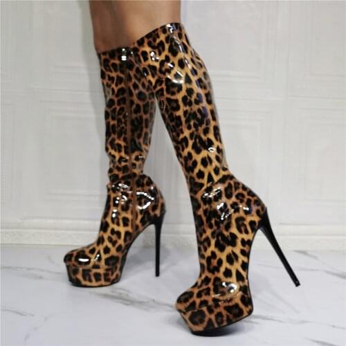 Women Winter Knee High Leopard Boots Patent Leather Unisex Side Zipper Stiletto Heels Round Toe Sexy Dress Cosplay Shoes Size 52