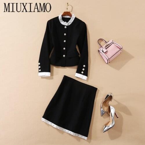 MIUXIMAO 2020 High Quality Autumn Two piece set Fashion Long Sleeve Diamonds Lace Jacket+ Dress Office Lady Suit Women