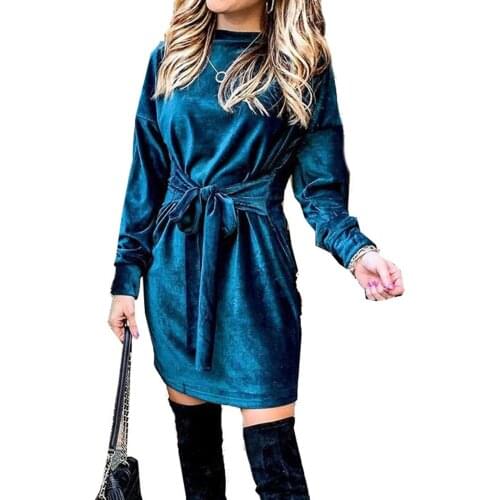 Women O Neck Long Sleeve Solid Color Velvet Belt Bandage Loose Sweatshirt Dress