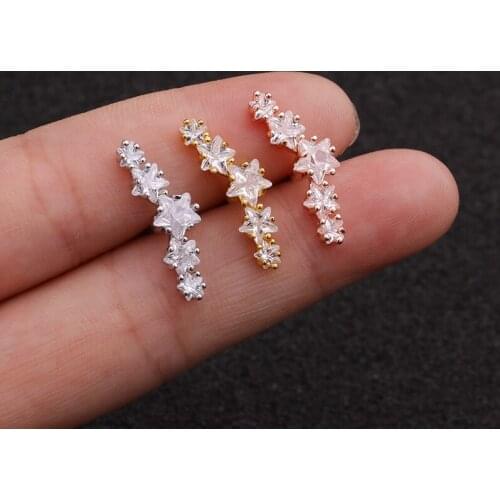 1 PCS Trendy Micro Pave CZ Stars Ear Studs Cuff Earrings Cute Silver Color Helix Piercing Cartilage Earrings Stainless Steel Bar