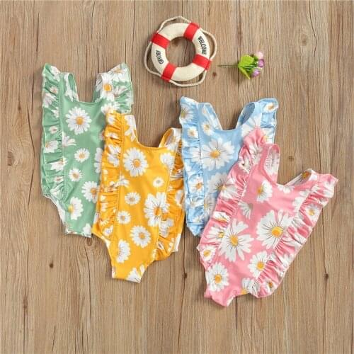 2021 Meihuida Girl’s Sweet Daisy Print One-Piece Swimsuit Fashion Back Bandage Ruffles Sleeveless Swimsuit Kids Swimwear