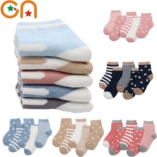 5 Pairs/Lot Children Cotton Socks Boy Girl Baby Newborn Infant Warm Stripe Dots Fashion SportS Autumn/Winter Kids Cartoon Soft