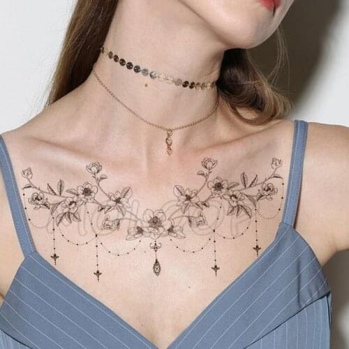 Diamond Flower Temporary Tattoo Stickers Sexy Necklace Chest Back Fake Tatoo Flash Tatto Makeup Breast Art for Woman Girl