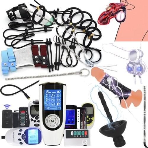 BDSM Electro Shock Cock Cage Scrotum Sleeve Electric Stimulate Bead Glans Penis Therapy Enlarge Ring Men Urethral Insert Sex Toy