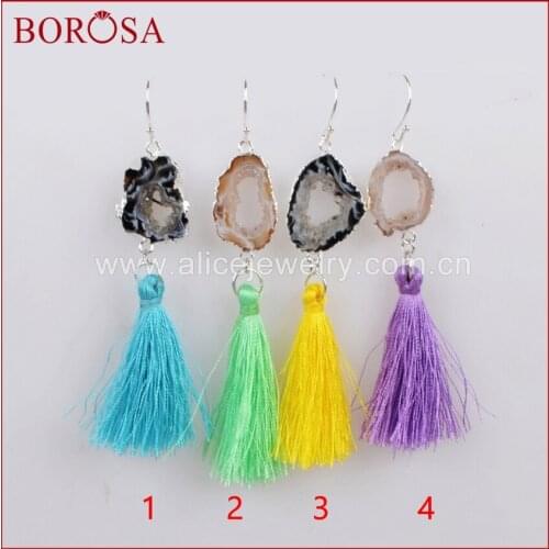 BOROSA Silver Color Natural Druzy Slice Rainbow Tassel Earrings, Handcrafted Tassel Drop Earrings Drusy Earrings for Women S1235