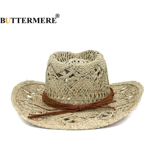 BUTTERMERE Western Cowboy Hat Summer Men Women Sun Hat Handmade Beach Casual Straw Cap Wide Brim Cowgirl Costume Accessories
