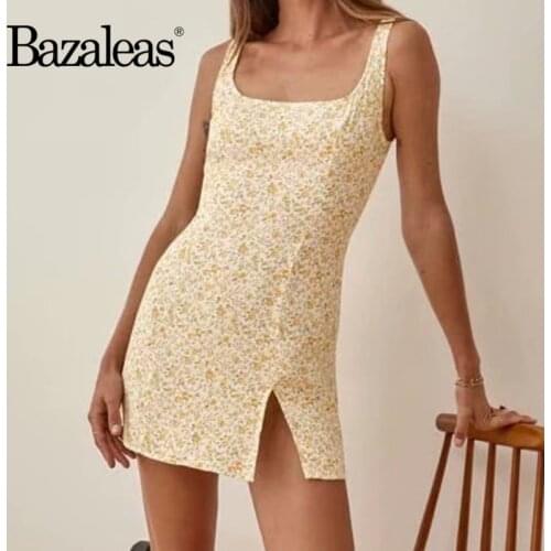 Floral Print Chiffon Split Vestidos Elegant Women Summer Dress Cute Yellow