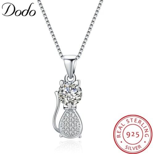 DODO Lovely Long Tail Cat Pendant Link Chain Necklace 925 Sterling Silver Jewelry Collier Femme Cubic Zirconia Necklaces SN63