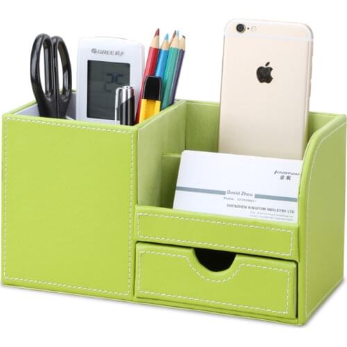 KINGFOM PU Leather Multi-Function Desk Stationery Organizer Pen/Pencil,Cell Phone, Business Name Cards Holder with Small Drawer