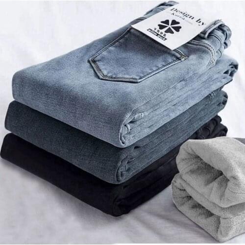 Classic Vintage Simple Solid Color Fleece Jeans Women Thick Plus Velvet Keep Warm Comfortable Skinny Female Denim Pencil Pants
