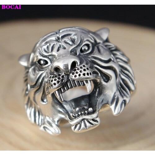 S925 sterling silver mens ring fashion Personality male Thai silver index finger white tiger opening pure silver ring