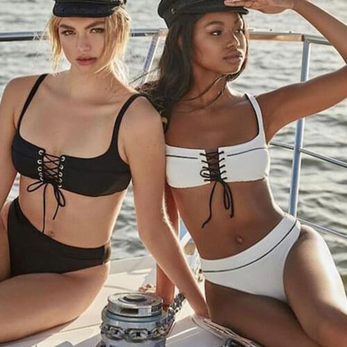 Bikini Trim Lace Up Tankini Womens Swimwear Lacing Strappy Bandage Swimwear Retro Bathing Suit For Female Biquinis