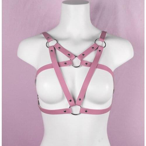 2021 Trendy Pentagram Harness Bra Cage for Women Girl Pink PU Leather Sword Belt Adjustable Metal Buckle O-Ring Harajuku Garter