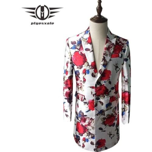 Plyesxale Long Blazer Men Slim Fit Mens Floral Blazer 2018 Red Flower Pattern Printed Mens Blazers Jacket Prom Party Wear Q226