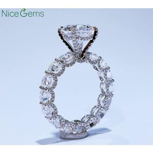 NiceGems luxury Platinum Round brilliant cut DF Color 10ctw Moissanite Ring with Accent Asscher cut Moissanite anniversary ring