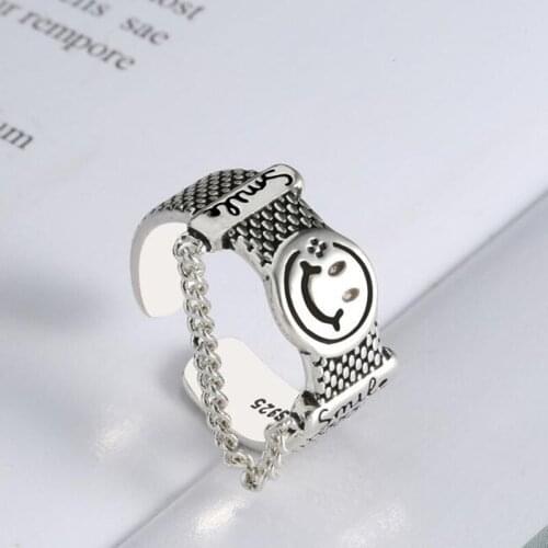 Silver Color Vintage Smiling Face Chain Tassel Opening Rings for Women Couples Engagement Ring Jewelry Gifts Dropshipping