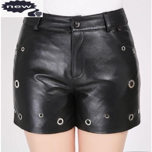 Fashion New Women Sheepskin Genuine Leather Top Quality Zipper Fly Back Pockets Button Waist Straight Female Modis Shorts