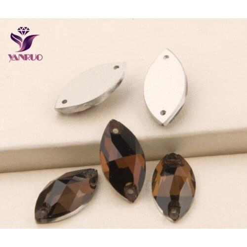 YANRUO 3223 Navette Smoked Topaz Rhinestones Sew Crystal Flatback Rhinestone Sew on Stones Crystal Coffer Style