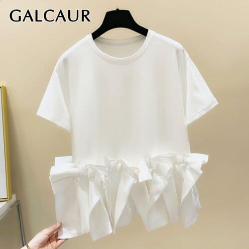 GALCAUR Casual Solid Color Patchwork Bowknot Ruched T Shirt For Women O Neck Short Sleeves Loose T Shirts Female 2021 Summer New