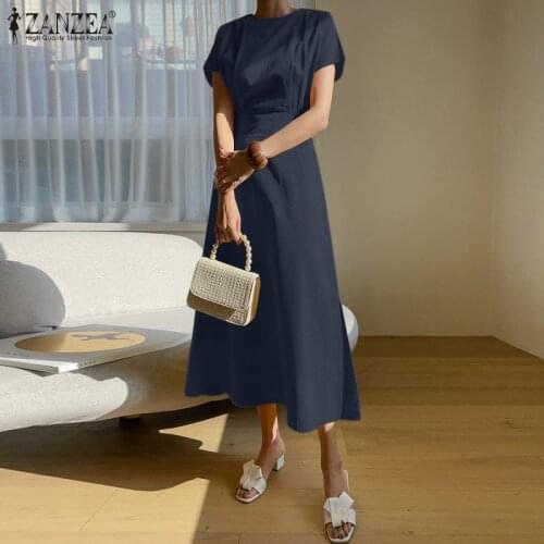 Stylish Solid Mid-Claf Dress Womens Summer Sundress ZANZEA Short Sleeve Vestidos Bleted Female Holiday Zip Robe Femme Oversized