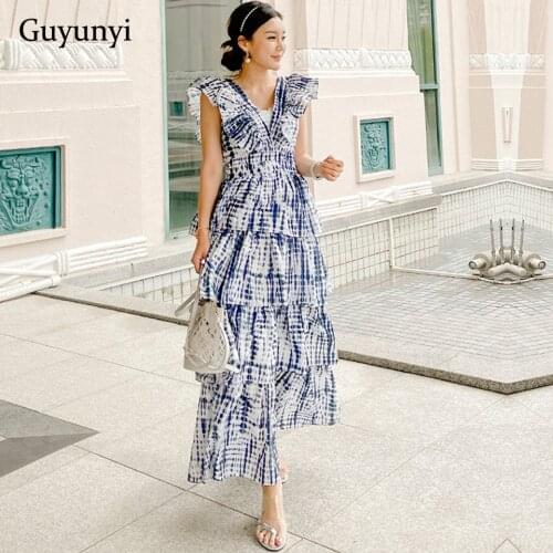 Leisurely Vacation Bohemia Dress 2021 Summer Sexy V-Neck Sleeveless Decoration Ruffled Cascading Loose Hem Womens Dresses