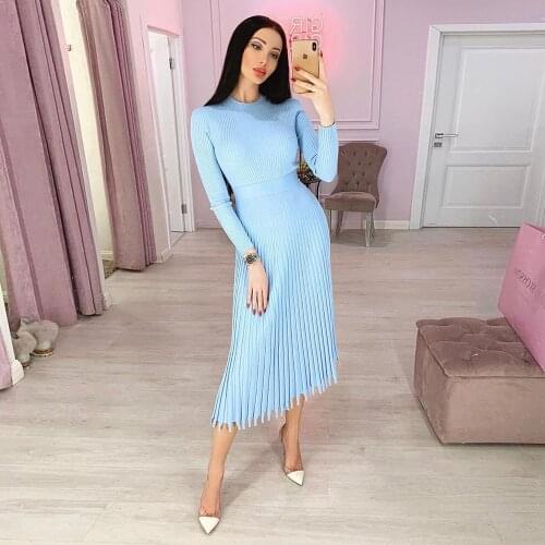 2020 High Quality Womens Knitted Long Dress Autumn Winter Slim Sleeve Ladies Dresses Elegant Party Female Solid Colors Sweaters