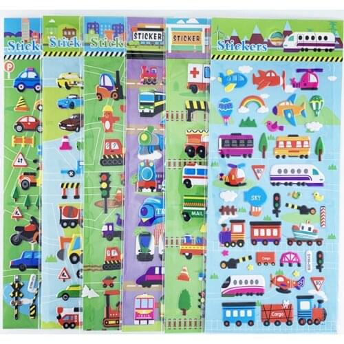 Random 3 Sheets Cartoon Car Truck Plane Traffic 3D Bubble Stickers Waterproof DIY Scrapbook for Girl Boy Kids Educational Toys