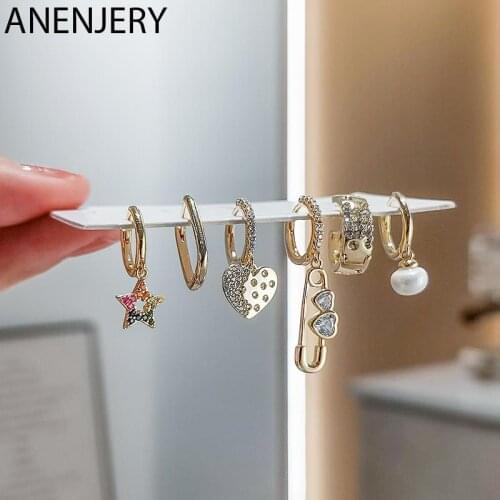 ANENJERY 6 pieces/set 925 Sterling Silver Pearl Heart Pin Star Thick Hoop Earrings Set Micro Zircon Party Earrings Wholesale