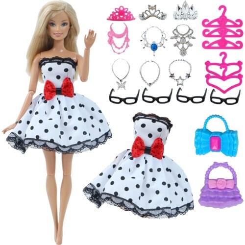 BJDBUS Random 21 Pcs Doll Accessories = 1x Doll Dress 3 Crown 6 Necklaces 4 Glasses 5 Hangers 2 Handbags Clothes for Barbie Doll