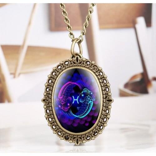 Vintage Small Oval Dial 12 Constellations Theme Series Quartz Pocket Watch Necklace Women Watches Zodiac Clock Birthday Gifts