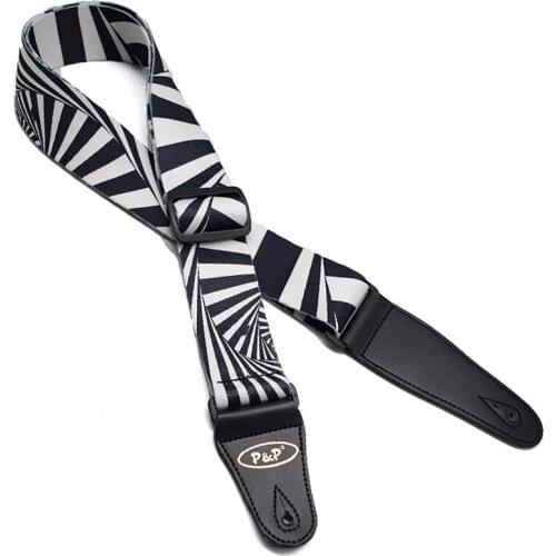 Black White Printed Zebra Stripes Guitar Strap Polyester Adjustable Shoulder Belt with Leather Ends for Acoustic Classical Bass