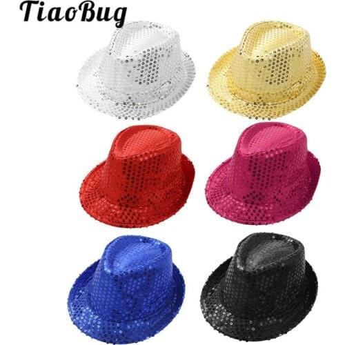 TiaoBug Unisex Kids Solid Color Shiny Sequin Fedora Hat Boys Girls Stage Party Jazz Dance Costume Accessories Street Dancing Cap