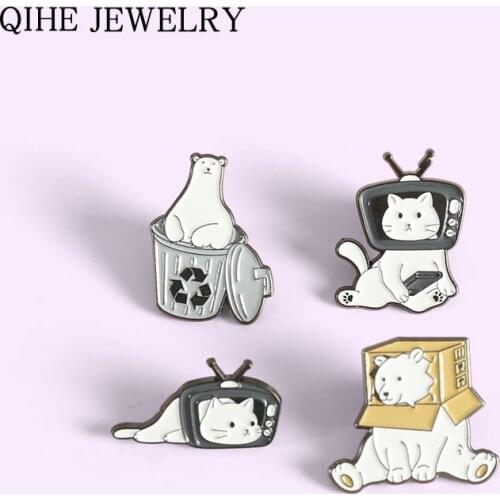 Polar Bear Cat Enamel Pin Cartoon Brooches for Women Recyclable Bin Television Paper Box Pins Badge Animal Jewelry Wholesale
