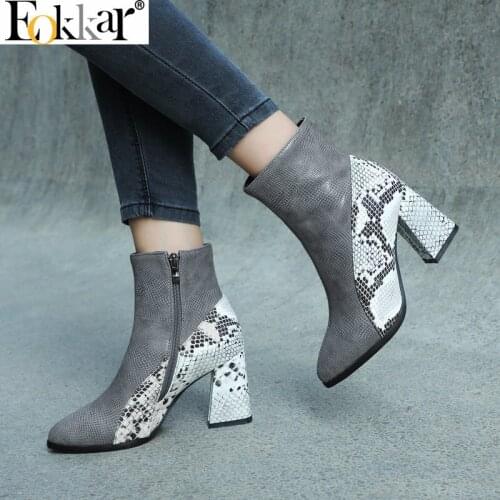Eokkar 2020 Hoof Heels Winter Shoes Women Pointed Toe High Heel Stylish Snake Prints Ankle Boots Zipper Dress Boots Size 34-43