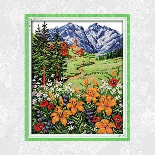 Joy sunday Snow Mountain in Spring Cross Stitch kits DMC Counted Printed on Canvas Embroidery Sets DIY Handmade Needlework