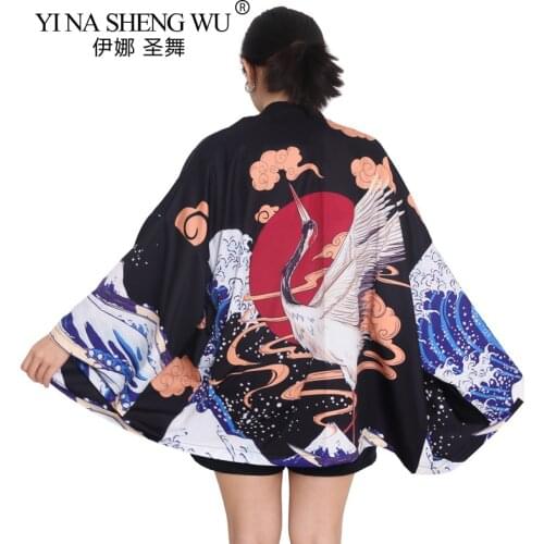 Women Japanese Kimono Traditional Clothing Crane Printed Kimono Shirts Samurai Haori Yukata Streetwear New Jacket Cardigan Shirt