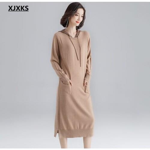 XJXKS Fashion Hooded Women Long Sweater 2021 Autumn Winter New High-end Cashmere Knit Dress Women Pullover