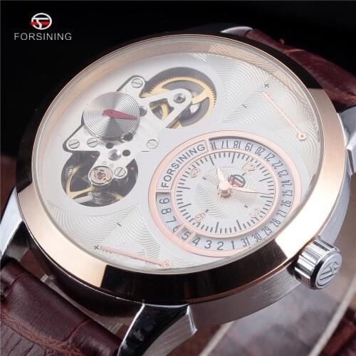 New FORSINING Original Brand Unique Mens Skeleton Tourbillon Wristwatch Men Leather Strap Calendar Automatic Mechanical Watch