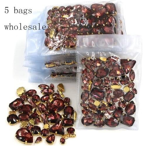 Wholesale 5 bags mixed shape sew on glass Crystal Wine red gold base rhinestones diy dress/Clothing accessories