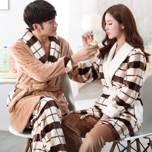 Autumn Winter Coral Fleece Couple Pajamas Womens Mens Warm Bathrobe Thick Flannel Bain Robe Female Home Wear Peignoir Femme
