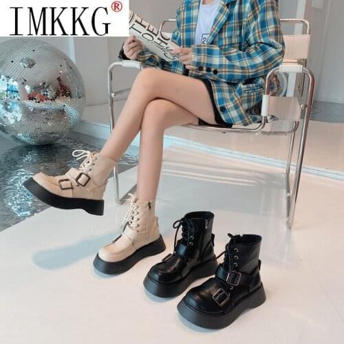 Autumn Fashion Platform Women Leather Boots Med Heel Height Increasing Short Black Boot Shoes Side Zip Closure Botas De Mujer