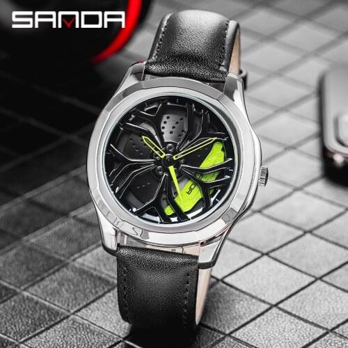 SANDA 2021 Mens Wheel Watch Custom Design Car Watch Stainless Steel Case Leather Strap Quartz Watch Relogio Masculino P1065