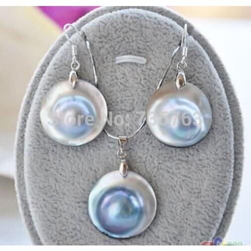 22MM GRAY SOUTH SEA MABE PEARL PENDANT & EARRING