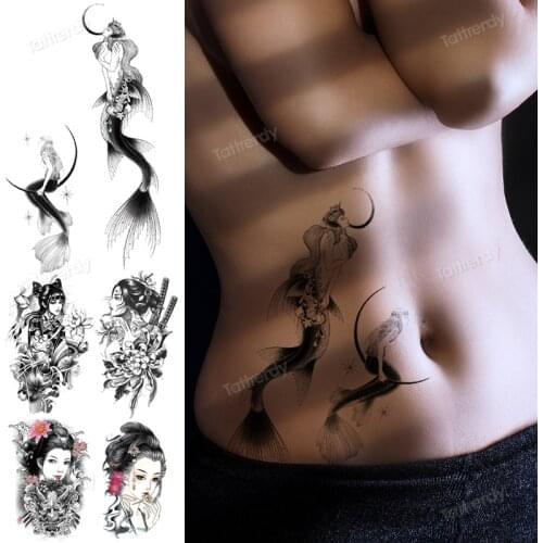 Mermaid Japanese Geisha Body Art Tattoo Sticker Black Big Waist Chest Thigh Tattoo Temporary Tiger King Anime Sexy for Women Men